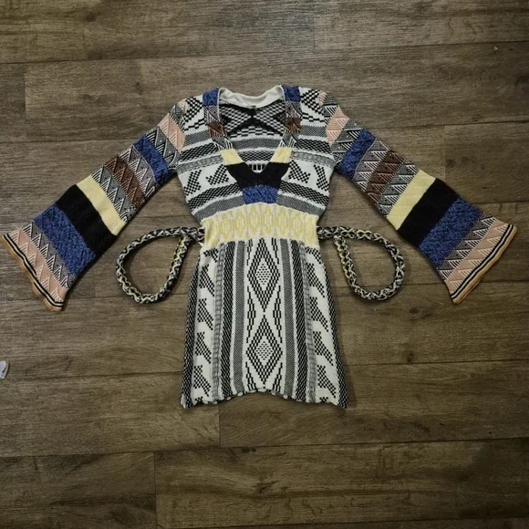 FREE PEOPLE XS Multicolor Patchwork Long Bell Sleeve Sweater Dress - Picture 4 of 10